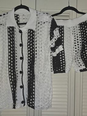 Black and White Open-Knit Button-Up Sweater - Women